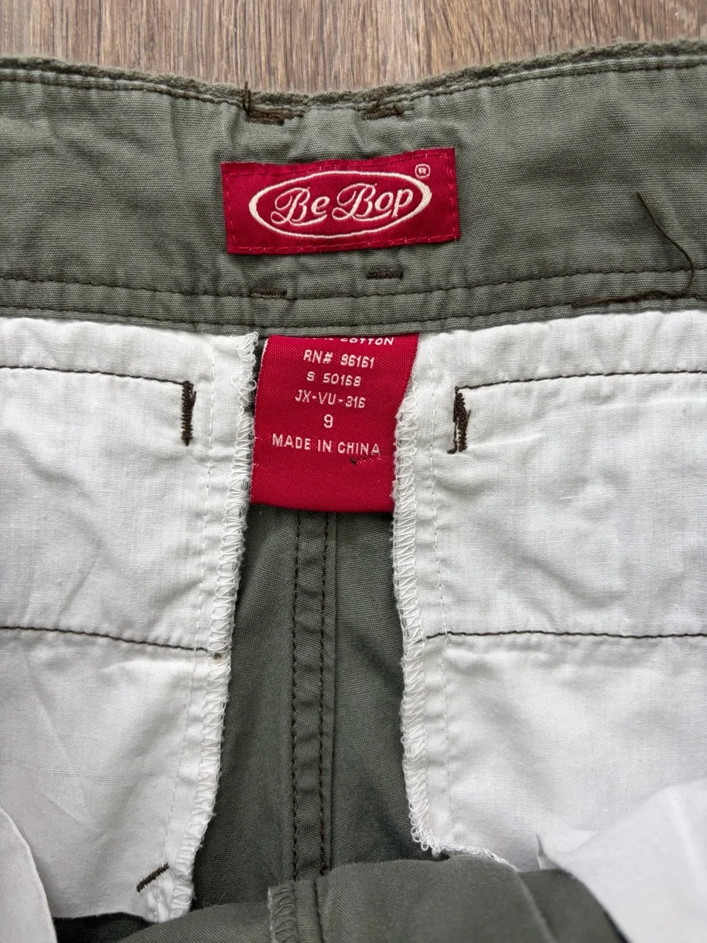 Y2K BeBop Olive Green Low Rise Cargo Pants Wide Leg Utility Ribbon Belt Size 9